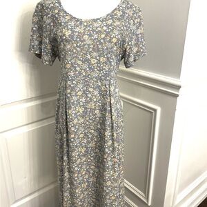 Koret Vintage Retro Blue Floral Scoop-Neck Midi Dress